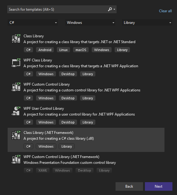 Select the "Class Library (.NET Framework)" option from the Visual Studio templates