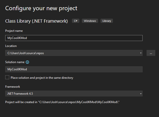 Name your project and ensure it is targeting .NET Framework v4.5